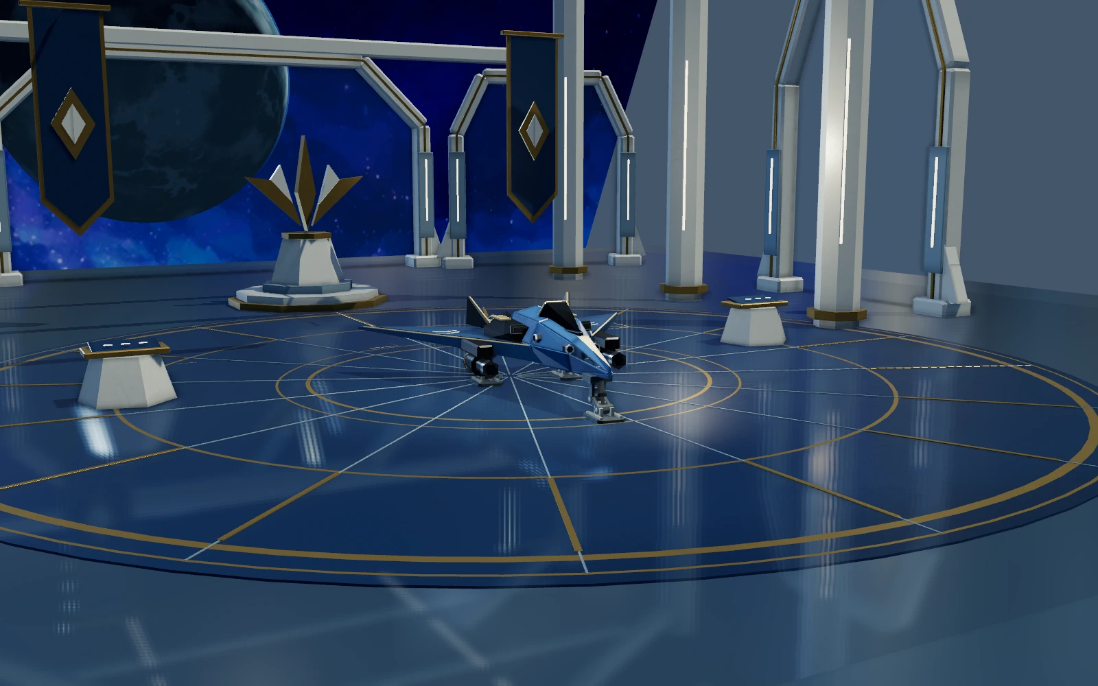 Haven's ship beneath the arches of its hangar in the game